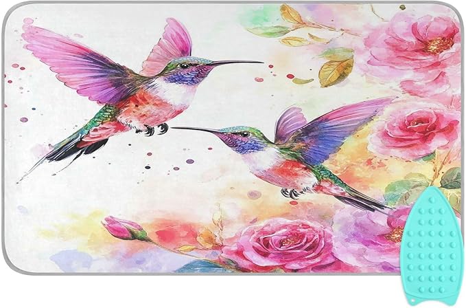 Watercolor Rose Pink Spring Hummingbird White Ironing Mat by Tatenale
