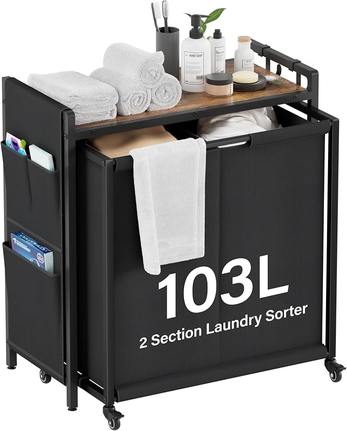 Laundry Hamper Sorter 2 Section 103L: Rolling Laundry Basket Organizer by SAKSUNFORYOU