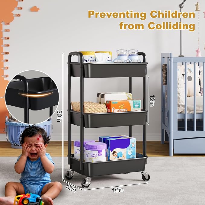 3 Tier Rolling Cart with Wheels, Small Utility Storage Trolley - Image 2