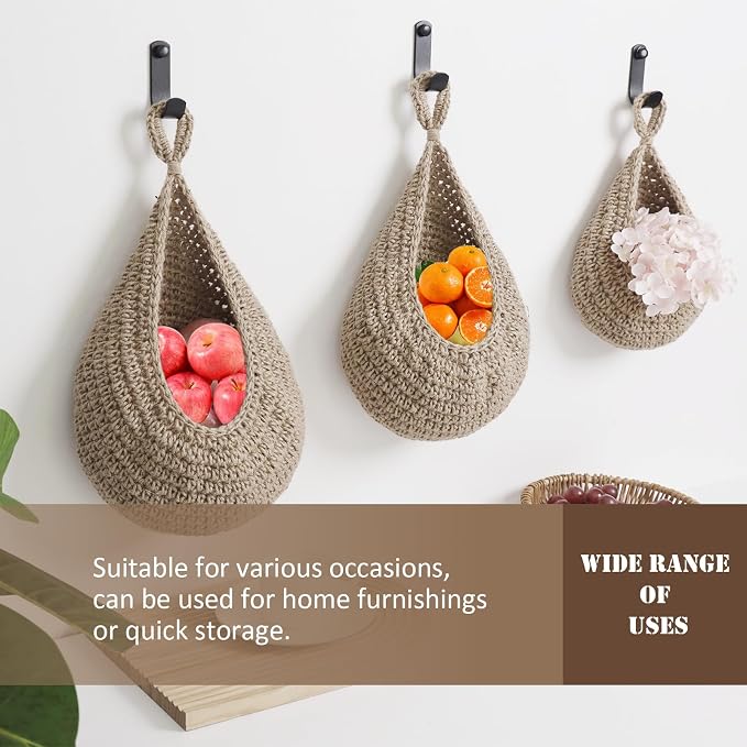 Hanging Fruit Basket Set of 3, Boho Wall Hanging Storage Basket - Image 6