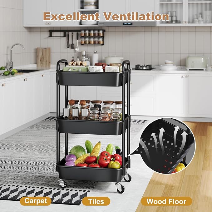 3 Tier Rolling Cart with Wheels, Small Utility Storage Trolley - Image 8
