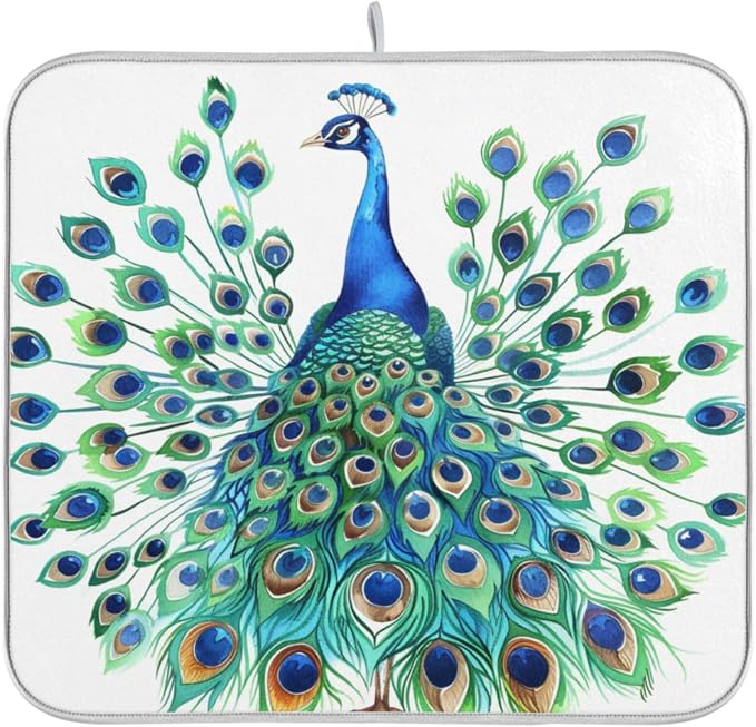 Vivid Pattern Extra Large Kitchen Dish Drying Mat, Elegant Peacock Spreads Tail - Image 7