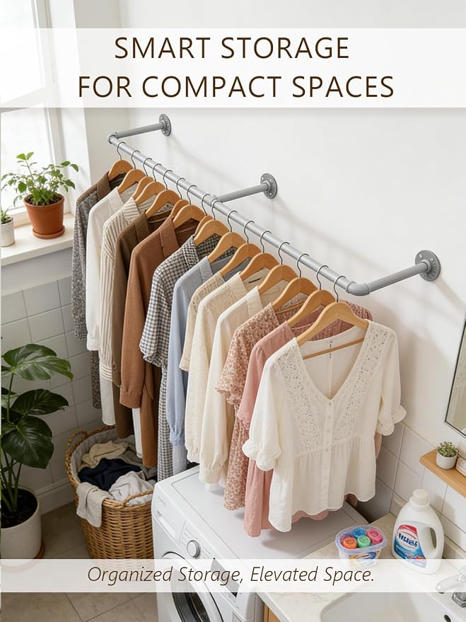 Aduanbang 65.7in Industrial Pipe Wall Mounted Clothes Rack, Heavy Duty - Image 2
