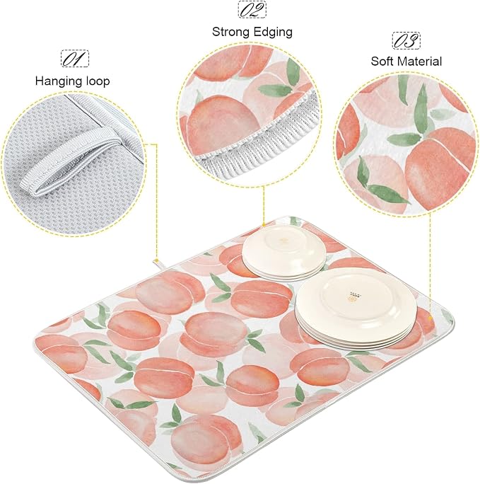 Sweet Pink Peaches 16 x 18 Inches Absorbent Dish Drying Mat Microfiber Kitchen - Image 2