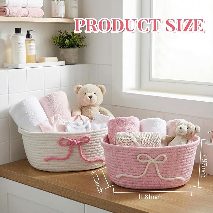 2 Pcs Pink Bow Storage Baskets Woven Cotton Rope Laundry Hamper - Image 3