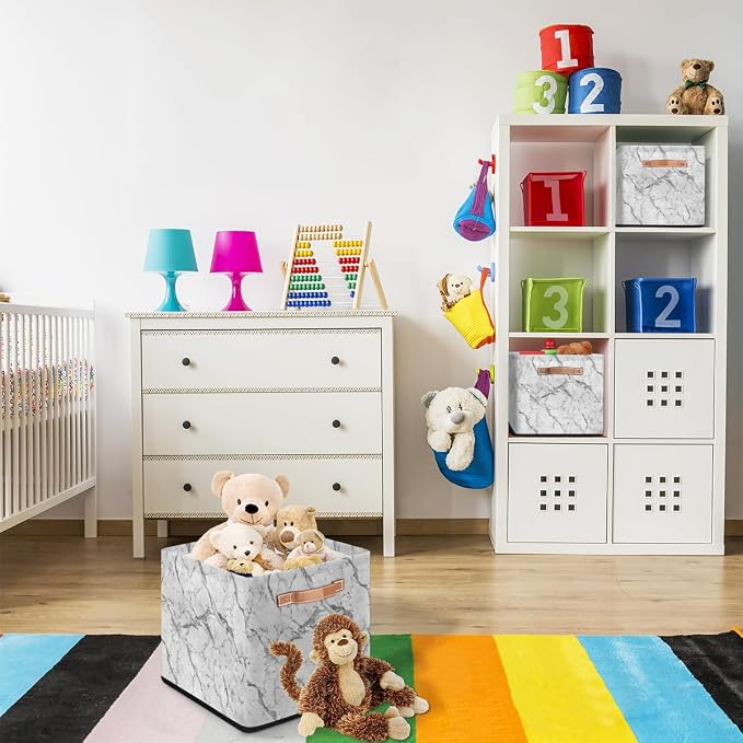 White Gray Marble Storage Basket 13x13x13 Inch Large Fabric Storage Box - Image 7