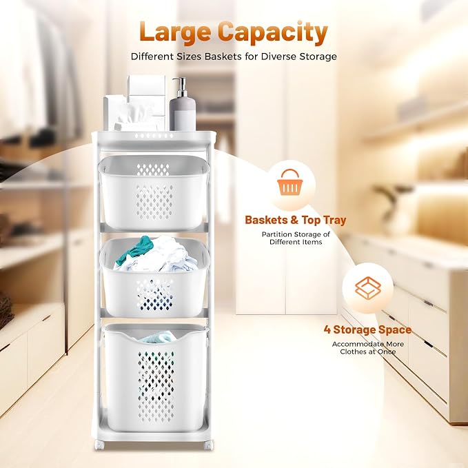 White Laundry Basket, 3 Tier Rolling Laundry Hamper Cart Multi-purpose Laundry - Image 6