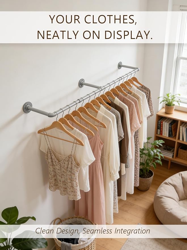 Aduanbang 65.7in Industrial Pipe Wall Mounted Clothes Rack, Heavy Duty - Image 5