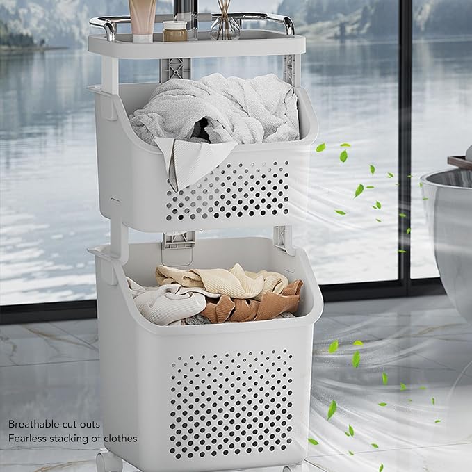 Bathroom Laundry Basket, Stackable Rolling Laundry Hamper, Clothes Storage - Image 2