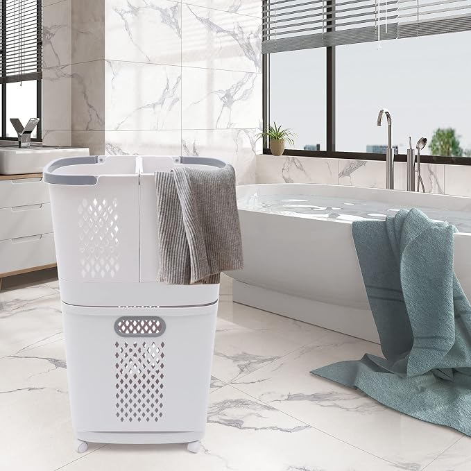 2-Tier Rolling Laundry Basket, Space-Saving Removable Clothes Hamper Organizer - Image 4
