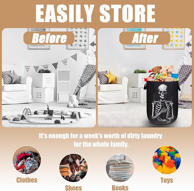 Funny Skull Black Cat Laundry Basket, Foldable Waterproof Laundry Hamper Tote - Image 3
