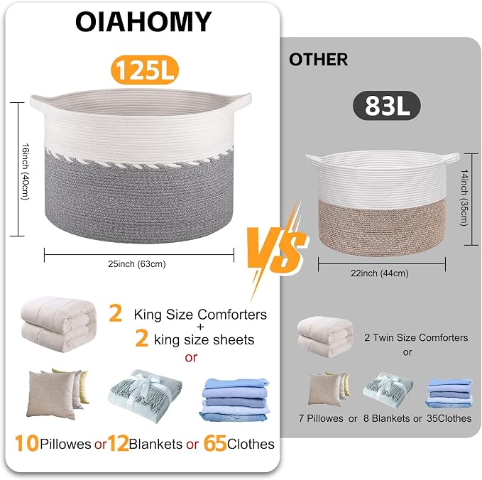 OIAHOMY 125L Extra Large Blanket Basket, Jumbo Laundry Hamper, Cotton Rope - Image 3