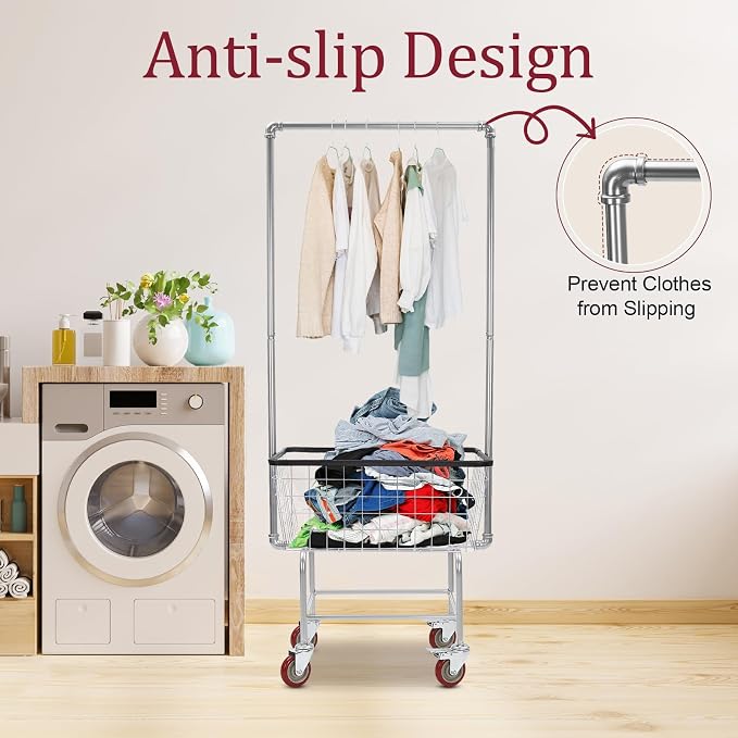 Wire Laundry Cart with Hanging Rack, Wire Laundry Basket With Wheels - Image 4