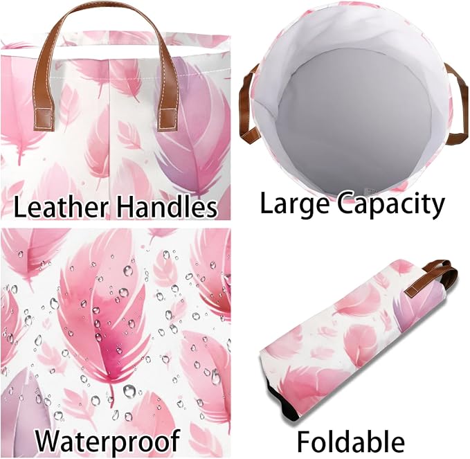 Pink Feather Laundry Basket Waterproof Collapsible Hamper - Image 3
