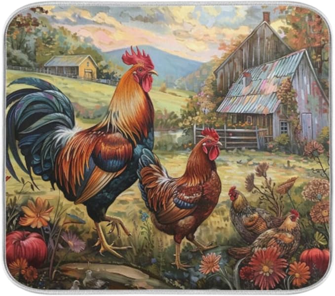 Beautiful Rural Farm Rooster Cocks Painting Absorbent Dish Drying Mat - Image 4