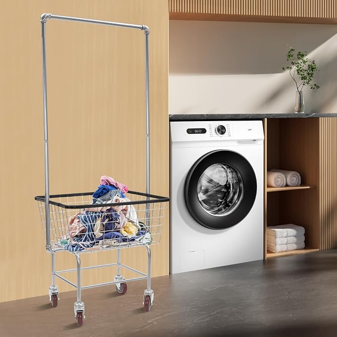 Laundry Cart with Wheels and Hanging Rack, Heavy Duty Wire Laundry Cart - Image 5