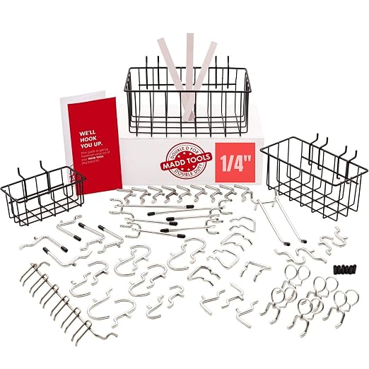 Extra Thick 60pcs Pegboard Accessories Organizer Kit | 1/4 Inch Peg Board by MADDTOOLS