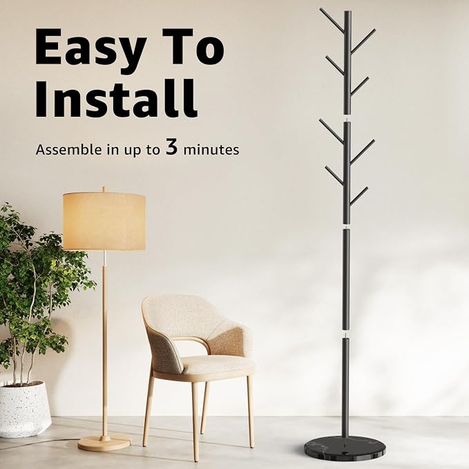 Coat Rack with Natural Marble Base, Metal Freestanding Coat Rack with 8 Hooks - Image 7