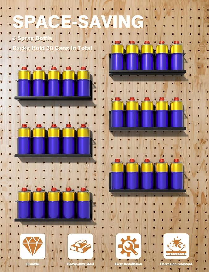 sogiv 6 Pack Spray Can Holder Organizer, Wall-Mounted Steel Spray Bottle Rack - Image 6