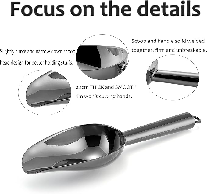 Mini Ice Scoop Set of 2, E-far 3 Ounce Platinum Black Stainless Steel Scoops - Image 3