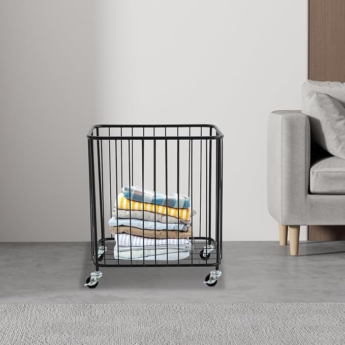 Laundry Basket with Wheels, Metal Railing Storage Cart with Handles, Rolling - Image 3
