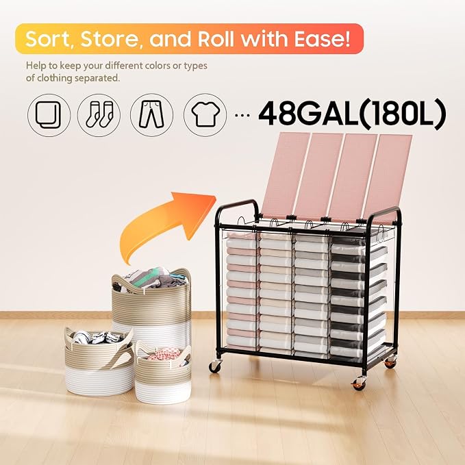 Laundry Sorter 4 Sections 48 Gal, Rolling Laundry Basket - Image 6
