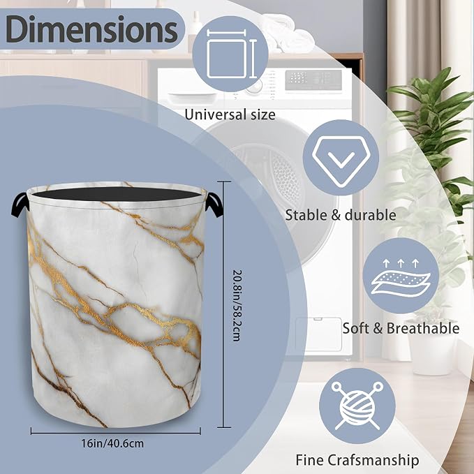 White Gold Marble Laundry Basket, Oxford Cloth Laundry Hamper - Image 2