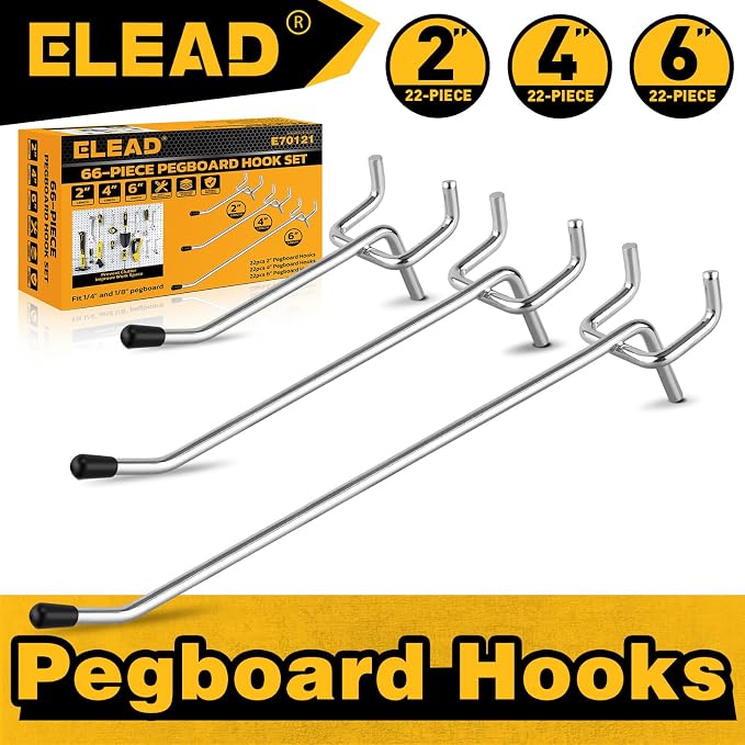 ELEAD 66-Piece 2/4/6 Inch Pegboard Hooks, Heavy Duty Peg Board Organizer - Image 7