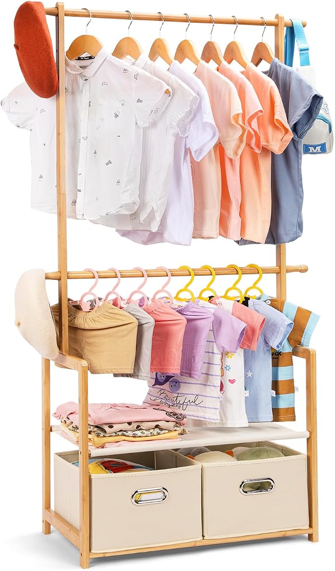 Kids Clothing Rack Bamboo with 2 Storage Baskets and 2 Adjustable Hanging Rods by Vilaxing