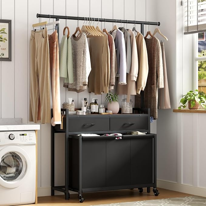 Laundry Sorter Hamper with Hanging Cloth Rack, Laundry Basket with 3 Section - Image 2