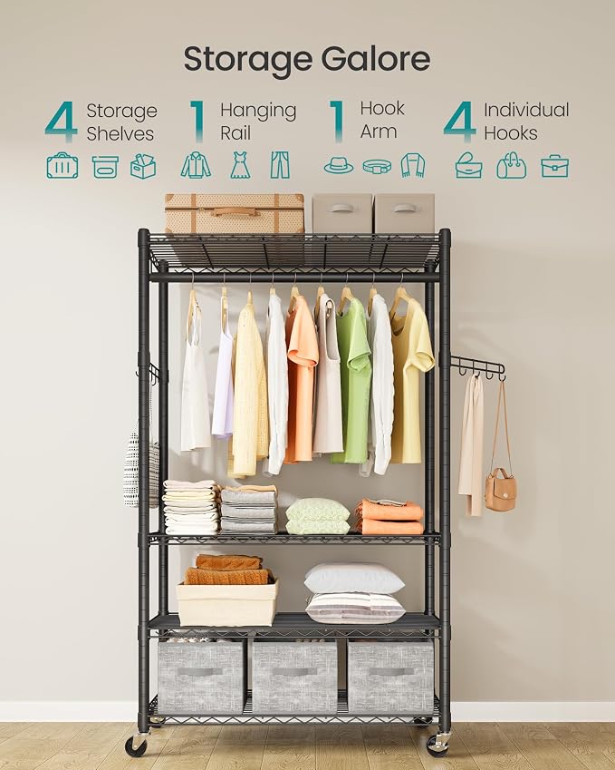 SONGMICS Heavy-Duty Rolling Clothes Rack, Garment Rack, Portable Closet on - Image 3