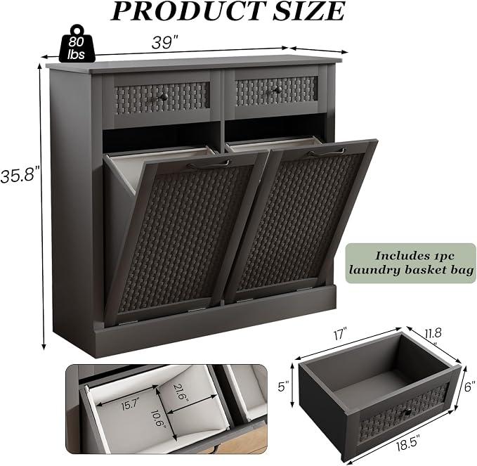 Double Tilt Out Laundry Hamper Cabinet, Rattan-Style Laundry Room Organization - Image 2