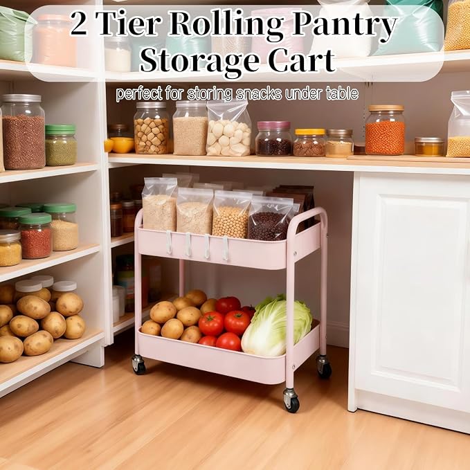 2 Tier Pink Rolling Cart with Wheels - Image 3