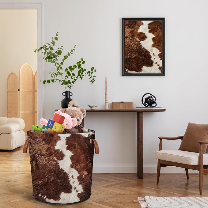 Cow Print Brown Laundry Hamper Waterproof Collapsible Basket - Image 8