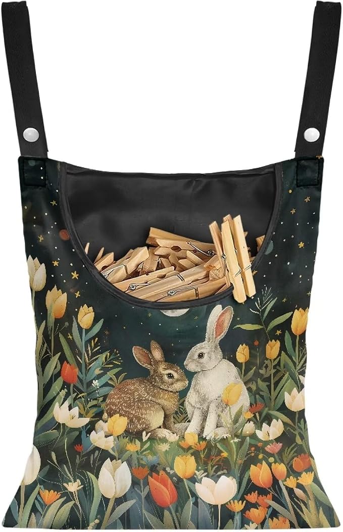 Floral Rabbit Print Adjustable Door-Hanging Laundry Clothespin Bag Clothespin by LJMKZJN