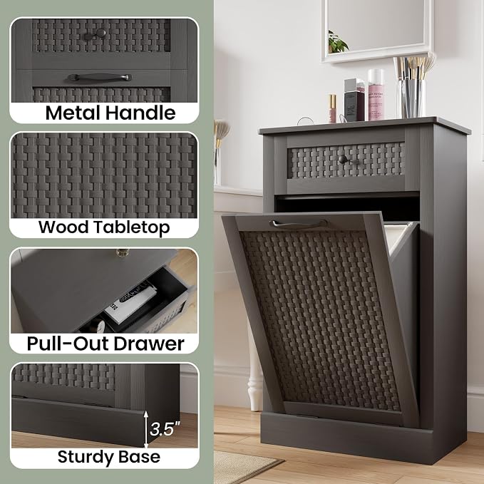 Tilt Out Laundry Hamper Cabinet, Rattan-Style Laundry Room Organization - Image 8