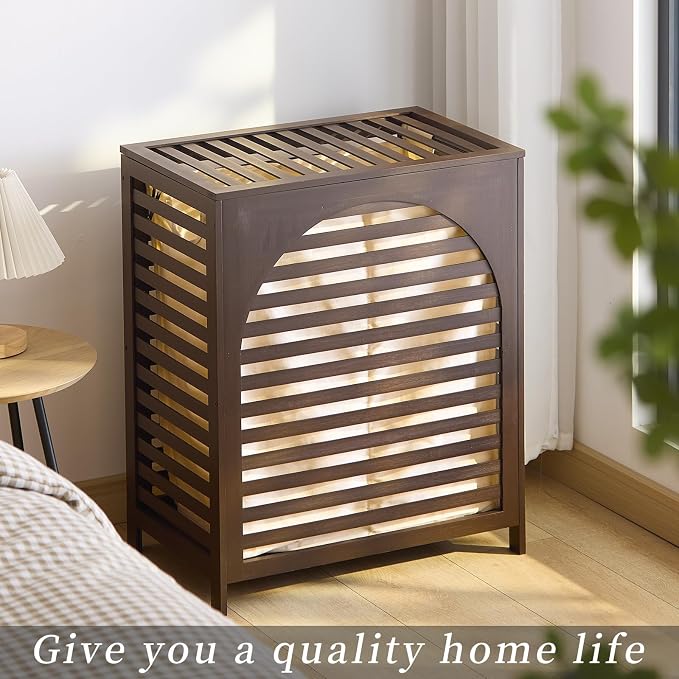 Laundry Hamper with Lid, Bamboo Clothes Laundry Basket with Handles, Removable - Image 3