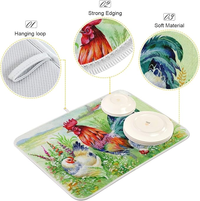 Rural Grass Chicken Rooster Easter Absorbent Dish Drying Mat Microfiber Kitchen - Image 3