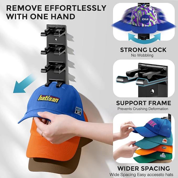 Hat Organizer for Baseball Caps, 2 Pack Hat Rack for Wall Closet Door Hold up - Image 2