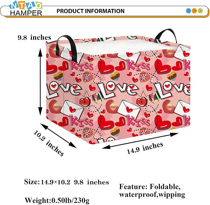 Rectangular Heart Print Storage Basket Empty, Collapsible Gift Basket - Image 6