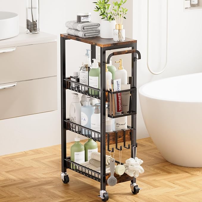 Slim Bathroom Storage Cart, 4 Tier Small Rolling Organizer Cabinet by DTUQYX