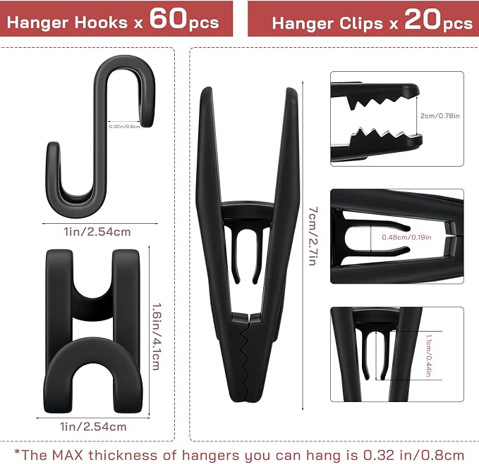 Tinfol Black 60pc Clothes Hanger Connector Hooks and 20pc Plastic Hanger Clips - Image 2