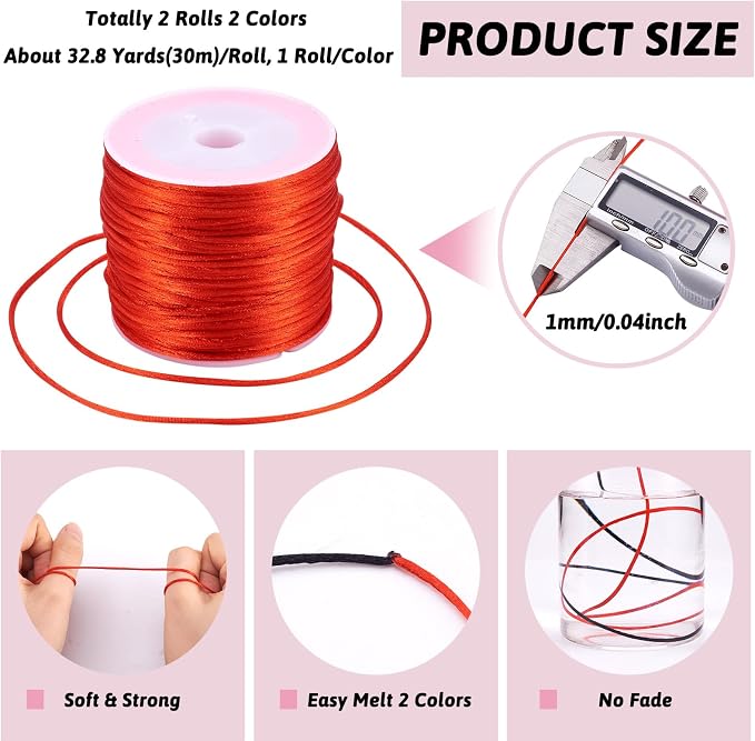 65.6 Yards 1mm Nylon Satin Cord Rat Tail String Red Black Beading Trim Cord Roll - Image 5