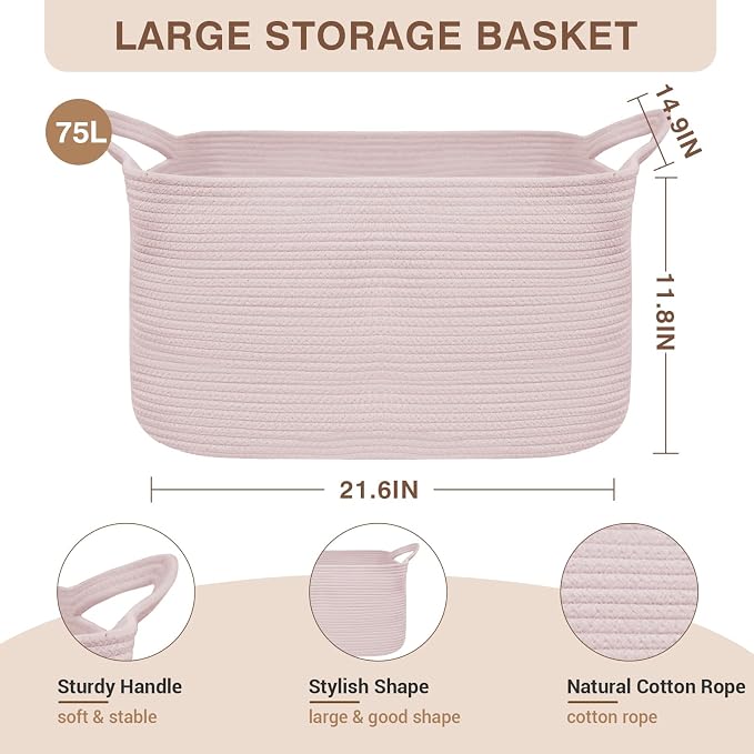 YOUDENOVA Nursery Storage Basket，21.6''×14.9''×11.8'' Rectangle Cotton Rope - Image 2