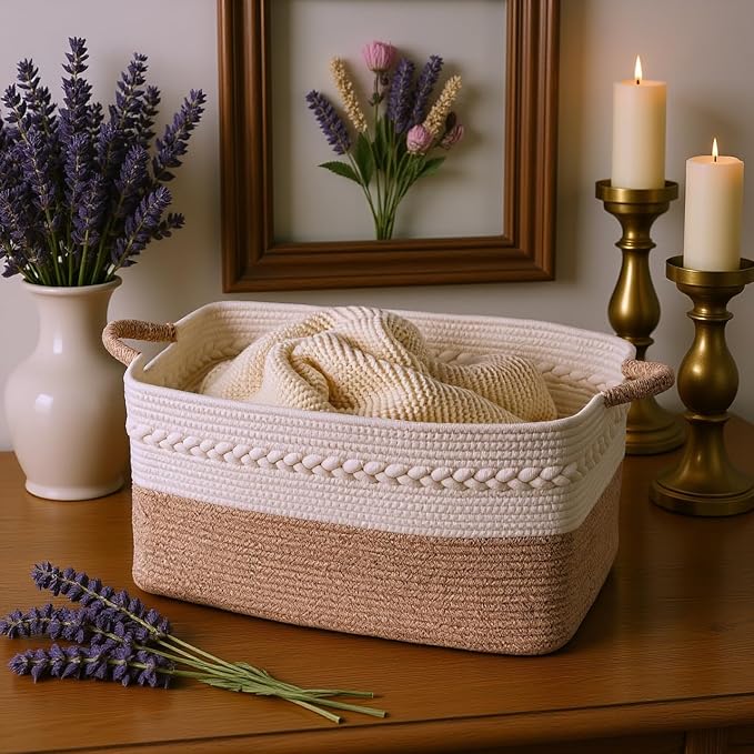 Decorative laundry basket with handles woven from natural cotton rope storage - Image 8