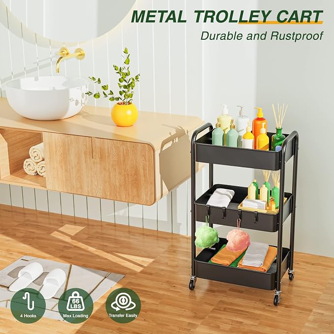 LEHOM 3 Tier Rolling Storage Cart, Metal Trolley Utility Cart - Image 2