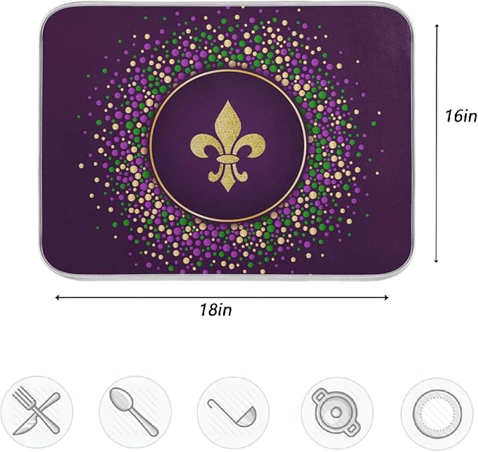Mardi Gras Holiday Golden Fleur-De-Lis Purple Absorbent Dish Drying Mat - Image 3