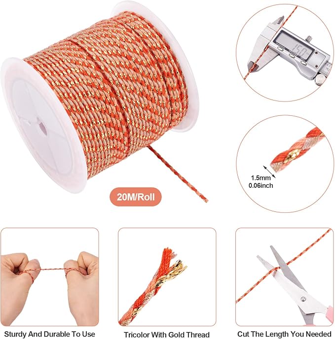 Pandahall 21.8Yards 1.5mm Twisted Macrame Cotton Cord 4-Ply Gold Wire Braiding - Image 2