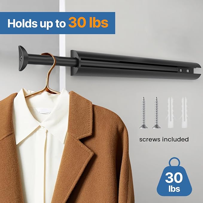 Valet Rod 14-Inch, Pull-Out Closet Clothes Closet Hanging RodMetal Telescoping - Image 4