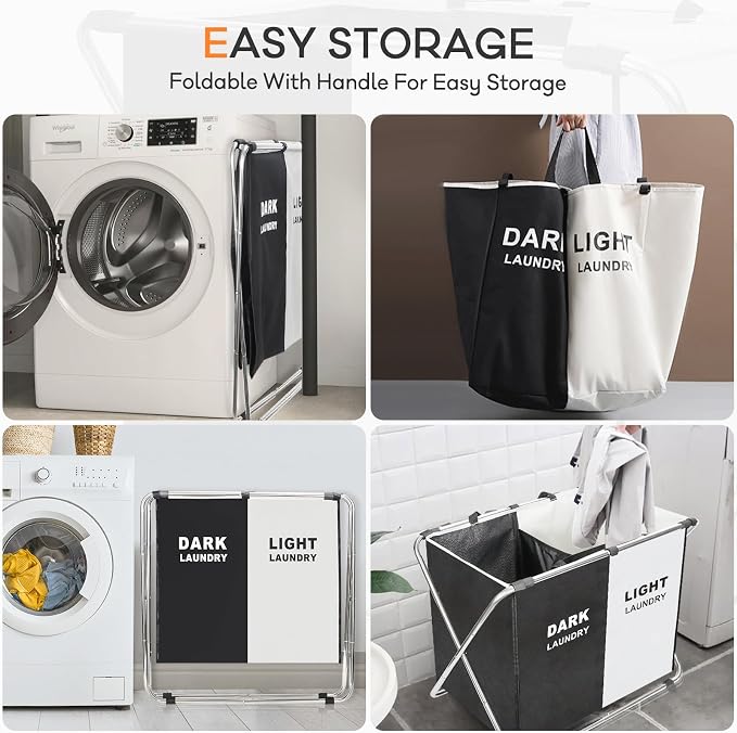 Laundry Cloth Hamper Sorter Basket Bin Foldable 2 Sections - Image 3